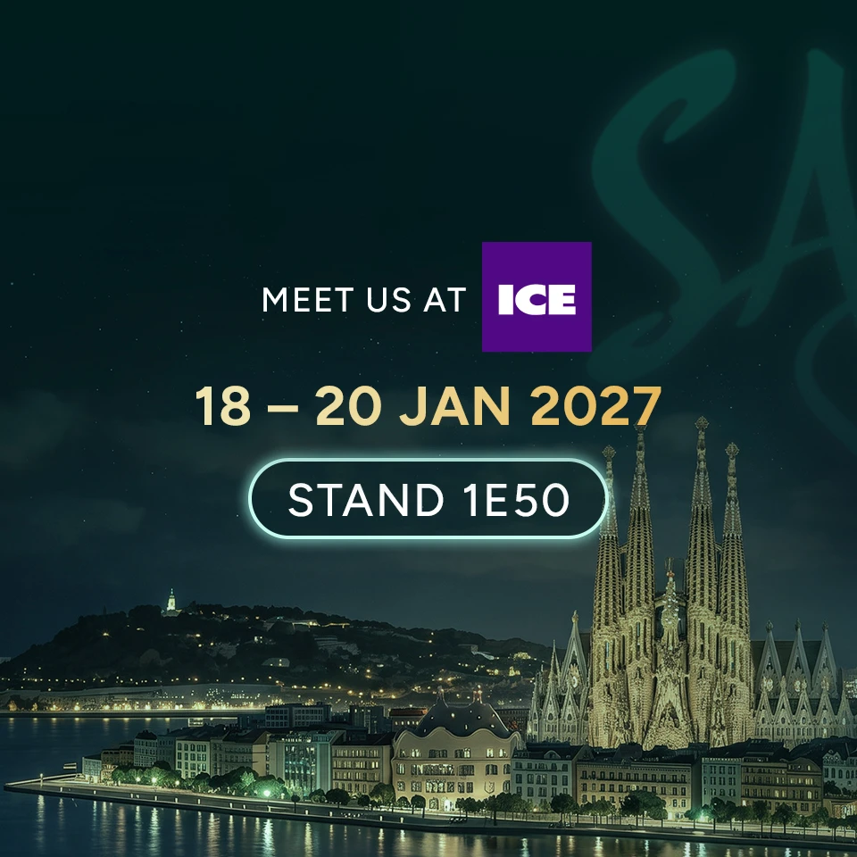 SA Gaming invitation to ICE Barcelona 2027, 18–20 January 2027, Stand 1E50, with Barcelona’s Sagrada Família in the background
